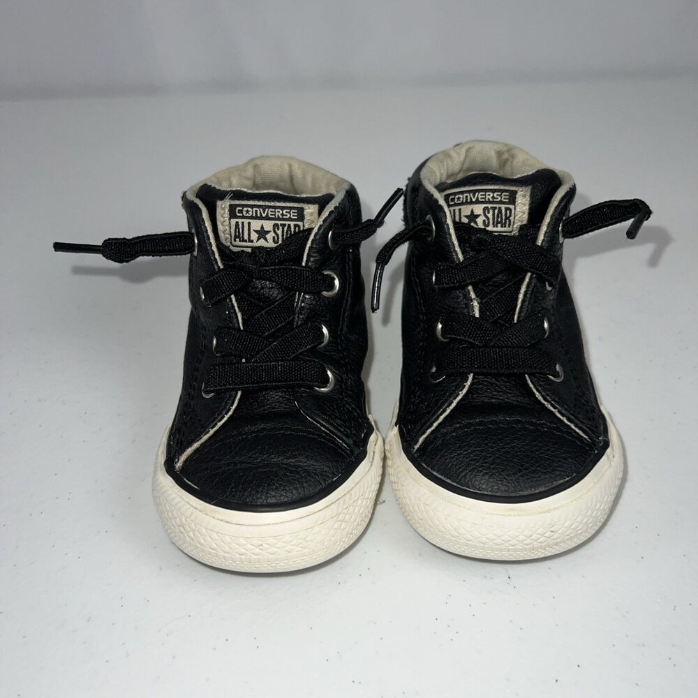 Converse Infant Black Leather High Top No Tie Sneakers Unisex Size 5